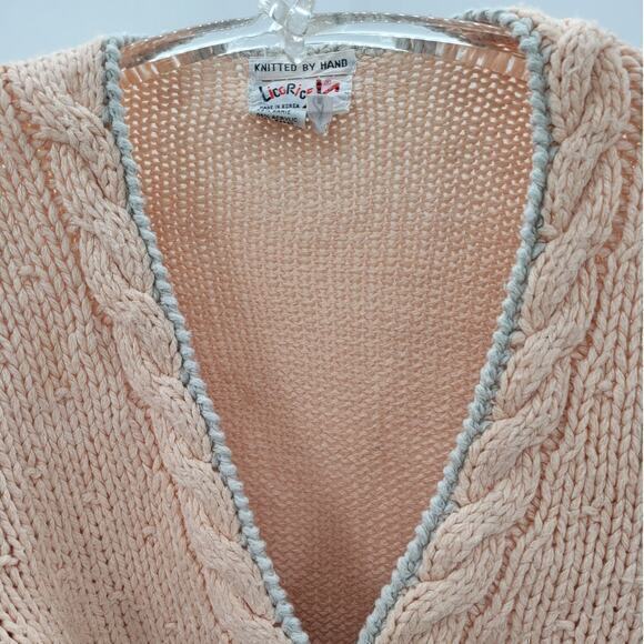 Licorice Vintage Peach Cream Striped Cable Knit V neck Cardigan Sweater Jacket - Picture 6 of 13